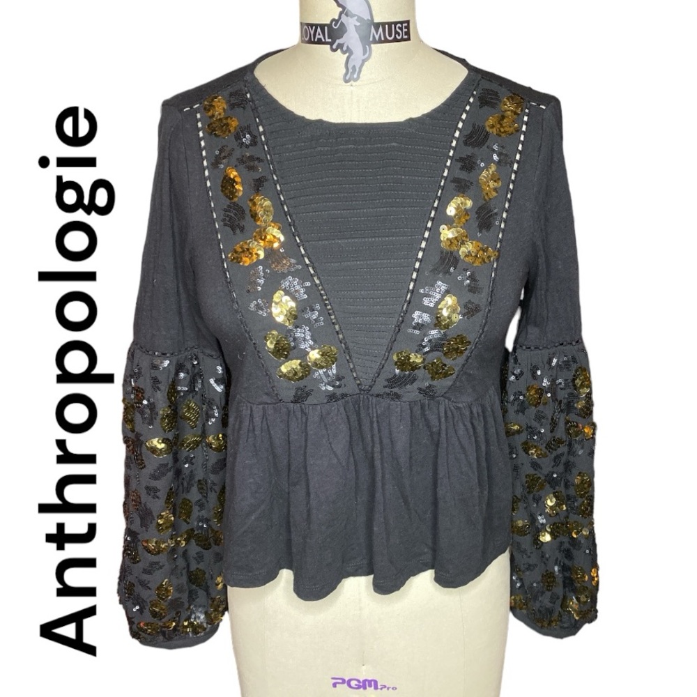Neale Gold & Black Sequined Peplum Top Sz XS Kint Bodice Woven Long Sleeves